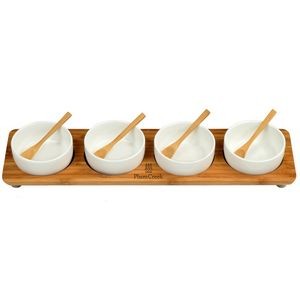 Bamboo Serving Platter With 4 Ceramic Bowls And Bamboo Spoons