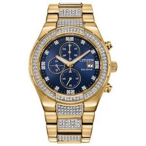 Citizen Men's Crystal Eco-Drive Gold-Tone Watch w/Blue Dial