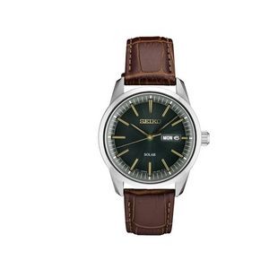 Seiko Men's Solar Watch with Green Dial and Brown Leather Strap