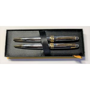 Cross Bailey Medalist Chrome Gold Trim Ballpoint And Roller Pen Set With Gift Box
