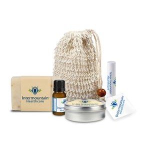 Loofah Bag with Soap, Essential Oil, Candle Tin, and Lip Balm