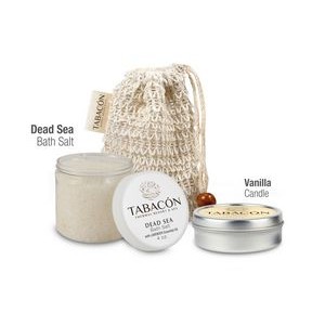 Loofah Bag Self Care Set with Bath Salts and Candle, Sewn Tag