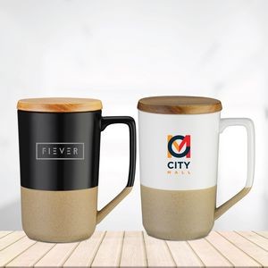 CALEDON  15 OZ TEA AND COFFEE CERAMIC MUG WITH WOOD LID. 15 oz capacity ceramic mug