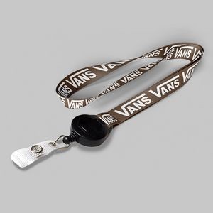 3/4" Brown custom lanyard printed with company logo with Black Badge Reel attachment 0.75"