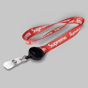 1" Red custom lanyard printed with company logo with Black Badge Reel attachment 1"