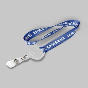 3/4" Royal blue custom lanyard printed with company logo with White Badge Reel attachment 0.75"