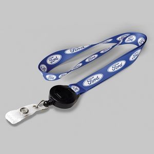 1" Blue custom lanyard printed with company logo with Black Badge Reel attachment 1"