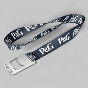 1" Navy Blue custom lanyard printed with company logo with Bottle Opener attachment 1"