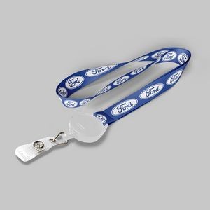 1" Blue custom lanyard printed with company logo with White Badge Reel attachment 1"