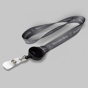 3/4" Charcoal custom lanyard printed with company logo with Black Badge Reel attachment 0.75"