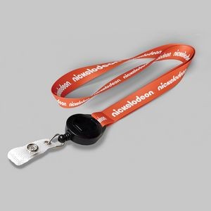 1" Orange custom lanyard printed with company logo with Black Badge Reel attachment 1"
