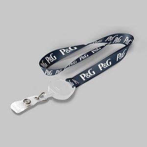 3/4" Navy Blue custom lanyard printed with company logo with White Badge Reel attachment 0.75"