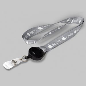 1" Gray custom lanyard printed with company logo with Black Badge Reel attachment 1"