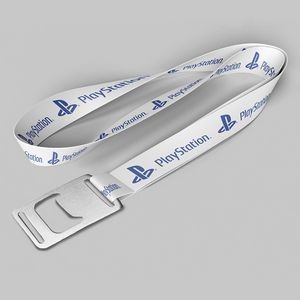 1" White custom lanyard printed with company logo with Bottle Opener attachment 1"