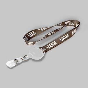 1" Brown custom lanyard printed with company logo with White Badge Reel attachment 1"
