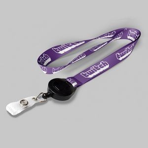1" Purple custom lanyard printed with company logo with Black Badge Reel attachment 1"