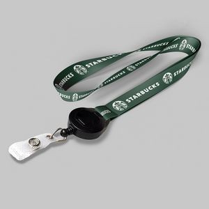 3/4" Dark green custom lanyard printed with company logo with Black Badge Reel attachment 0.75"
