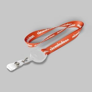 3/4" Orange custom lanyard printed with company logo with White Badge Reel attachment 0.75"