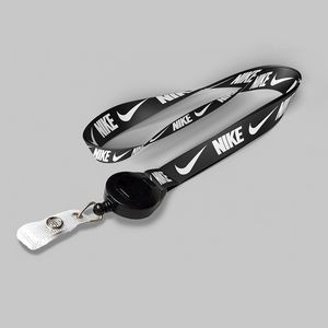 1" Black custom lanyard printed with company logo with Black Badge Reel attachment 1"