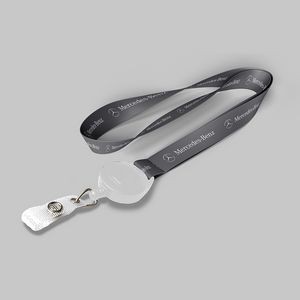 3/4" Charcoal custom lanyard printed with company logo with White Badge Reel attachment 0.75"