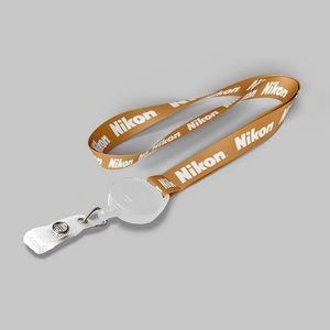 3/4" Dark Yellow custom lanyard printed with company logo with White Badge Reel attachment 0.75"