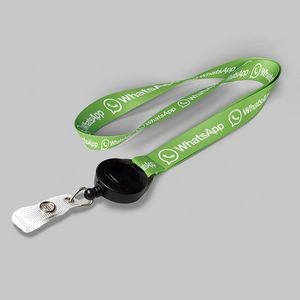 3/4" Lime Green custom lanyard printed with company logo with Black Badge Reel attachment 0.75"