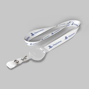 1" White custom lanyard printed with company logo with White Badge Reel attachment 1"