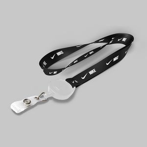 1" Black custom lanyard printed with company logo with White Badge Reel attachment 1"