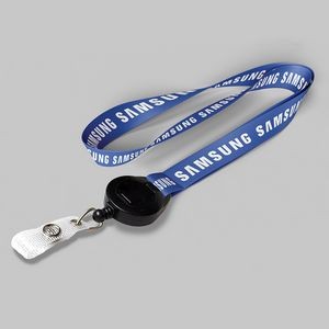 1" Royal Blue custom lanyard printed with company logo with Black Badge Reel attachment 1"