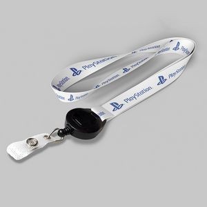 3/4" White custom lanyard printed with company logo with Black Badge Reel attachment 0.75"