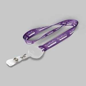 3/4" Purple custom lanyard printed with company logo with White Badge Reel attachment 0.75"