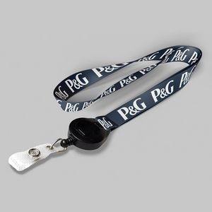 3/4" Navy Blue custom lanyard printed with company logo with Black Badge Reel attachment 0.75"