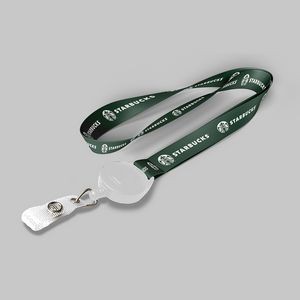 3/4" Dark Green custom lanyard printed with company logo with White Badge Reel attachment 0.75"