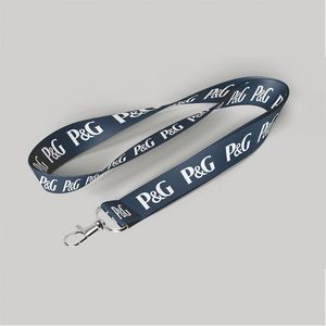1" Navy Blue custom lanyard printed with company logo with Carabiner Hook attachment 1"