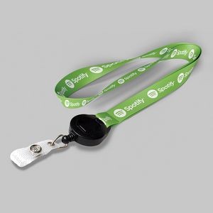 3/4" Forest green custom lanyard printed with company logo with Black Badge Reel attachment 0.75"