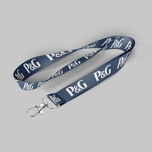 1" Navy Blue custom lanyard printed with company logo with Lobster Hook attachment 1"