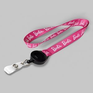 3/4" Pink custom lanyard printed with company logo with Black Badge Reel attachment 0.75"