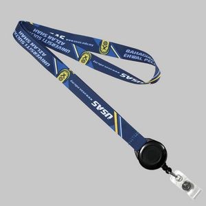 1" Full Color custom lanyard printed with company logo with Black Badge Reel attachment 1"