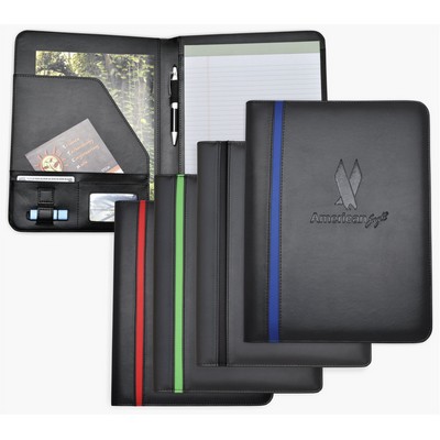 Letter Size Writing Pad Folder/Padfolio, Black soft simulated Leather with color stripe.