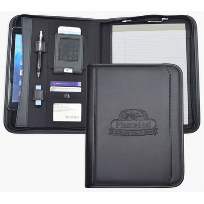 Zippered Letter Size Business Case/Padfolio, iPhone/iPad case, Black soft simulated leather.