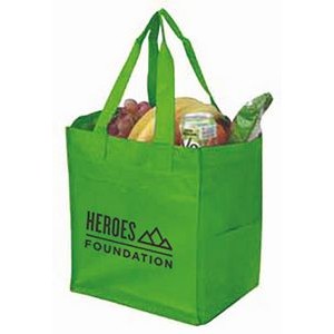 Lime Green, Non-Woven 10" Gusset Grocery Tote with Side Pockets Plus Bottom Board