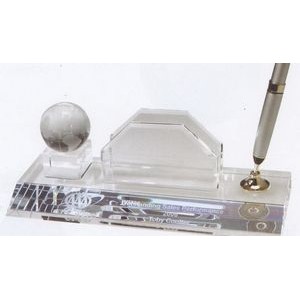 Optical Crystal Globe Pen Set w/Business Card Holder & Pearl Black Pen
