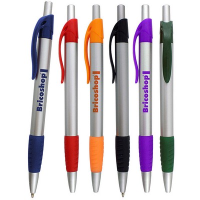 Preston Ballpoint Pen W/ Silver Barrel & Colored Grip & Clip click pen