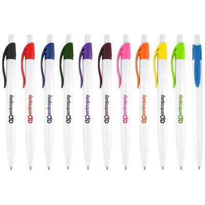 Preston Ballpoint Pen W/ White Barrel & Colored Clip click pen