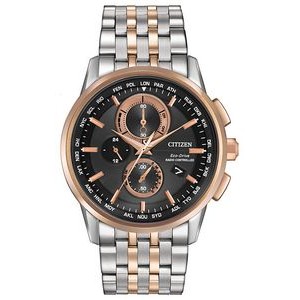 Citizen World Chronograph A-T, Stainless Steel with Black Dial and Rose Gold Accents