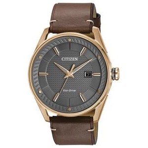 Citizen Men's Drive Eco-Drive Watch, Rose Gold-tone SS case, Brown Strap and Dark Grey Dial