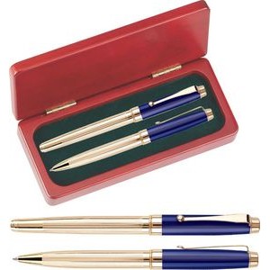 WM Series Pen and Roller Pen Gift Set in Rosewood gift box - blue pen set