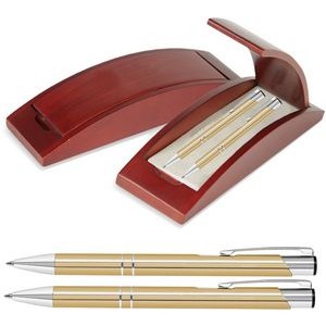 JJ Series Pen and Pencil Gift Set in Rosewood Color Wood Gift Box with Hinge Cover - Gold pen
