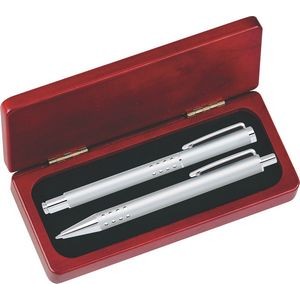 Dot Grip Pen Set Series- Silver Pen and Roller Pen Set, Crescent Moon Shape Clip, Rosewood gift box