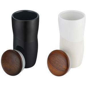 CP III Series - Two tone ceramic coffee cup with wood lid, 12 oz